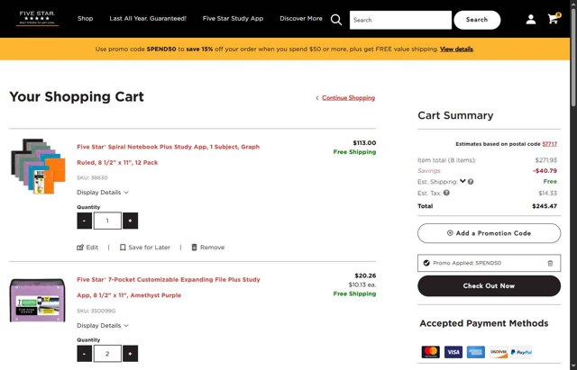Five Star checkout page showing Five Star coupon code box | Screenshot taken by SimplyCodes community member on Jun 9, 2025