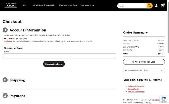 Five Star checkout page showing Five Star coupon code box | Screenshot taken by SimplyCodes community member on Jul 28, 2025