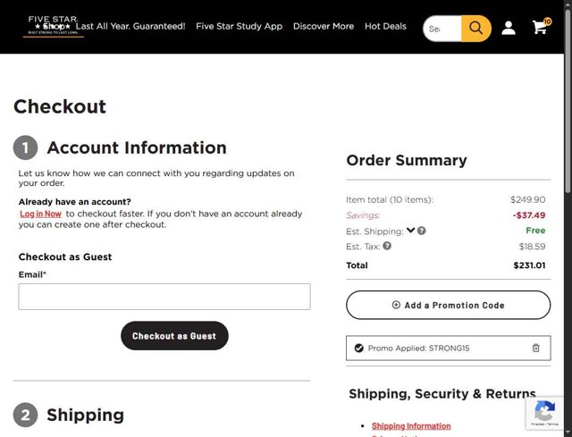 Five Star checkout page showing Five Star coupon code box | Screenshot taken by SimplyCodes community member on Aug 18, 2025