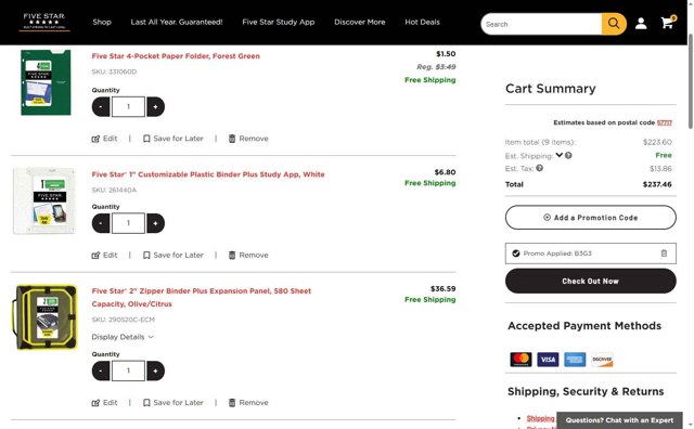Five Star checkout page showing Five Star coupon code box | Screenshot taken by SimplyCodes community member on Aug 25, 2025