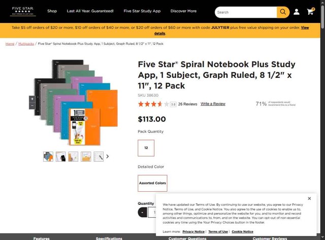 Five Star checkout page showing Five Star coupon code box | Screenshot taken by SimplyCodes community member on Jul 21, 2025