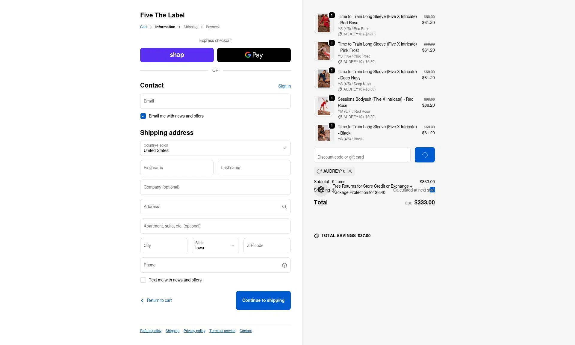 Five The Label checkout page showing Five The Label discount code box | Screenshot taken by SimplyCodes community member on Feb 19, 2026