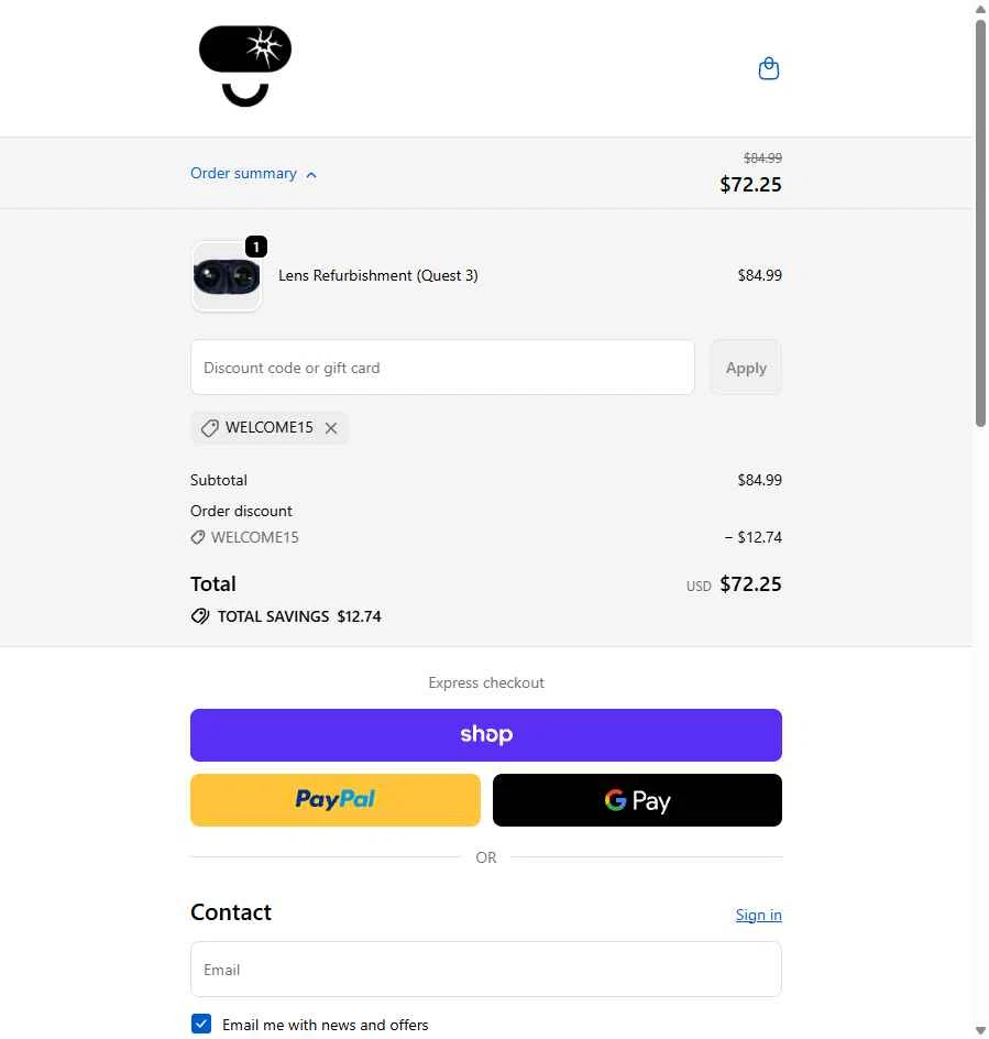 Fix My Oculus checkout page showing Fix My Oculus promo code box | Screenshot taken by SimplyCodes community member on Feb 7, 2026