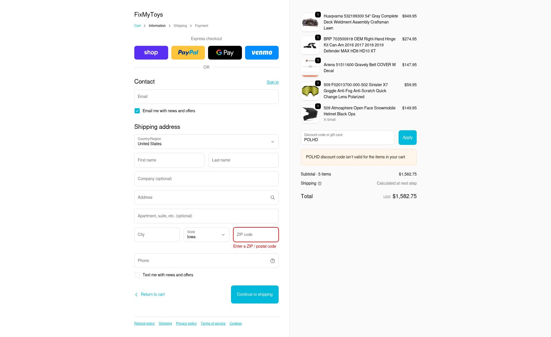 FixMyToys checkout page showing FixMyToys discount code box | Screenshot taken by SimplyCodes community member on Sep 24, 2025