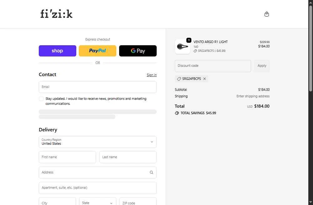 Fizik checkout page showing Fizik discount code box | Screenshot taken by SimplyCodes community member on Feb 5, 2026