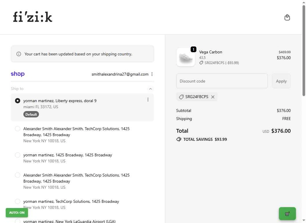 Fizik checkout page showing Fizik discount code box | Screenshot taken by SimplyCodes community member on Nov 27, 2025