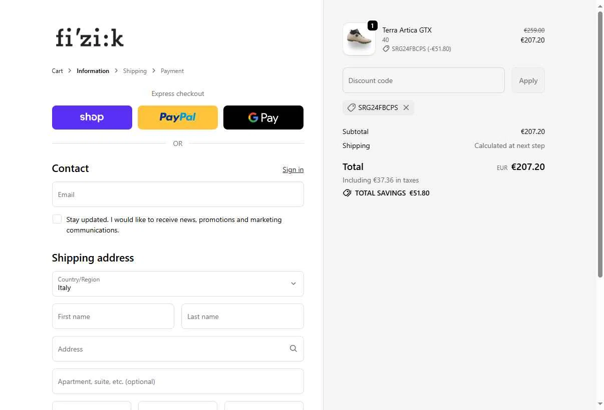 Fizik checkout page showing Fizik discount code box | Screenshot taken by SimplyCodes community member on Oct 29, 2025
