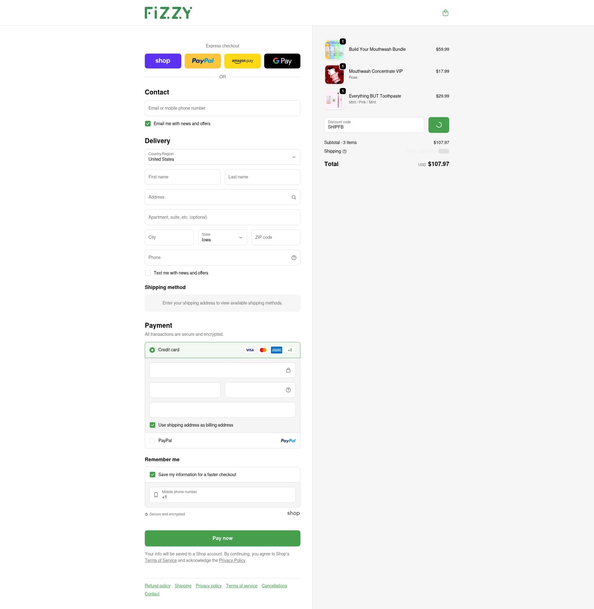 Fizzy Oral Care checkout page showing Fizzy Oral Care promo code box | Screenshot taken by SimplyCodes community member on Jan 27, 2026
