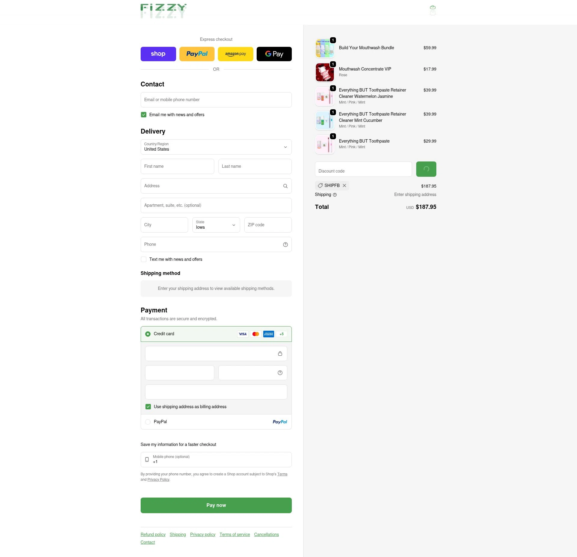 Fizzy Oral Care checkout page showing Fizzy Oral Care promo code box | Screenshot taken by SimplyCodes community member on Feb 9, 2026
