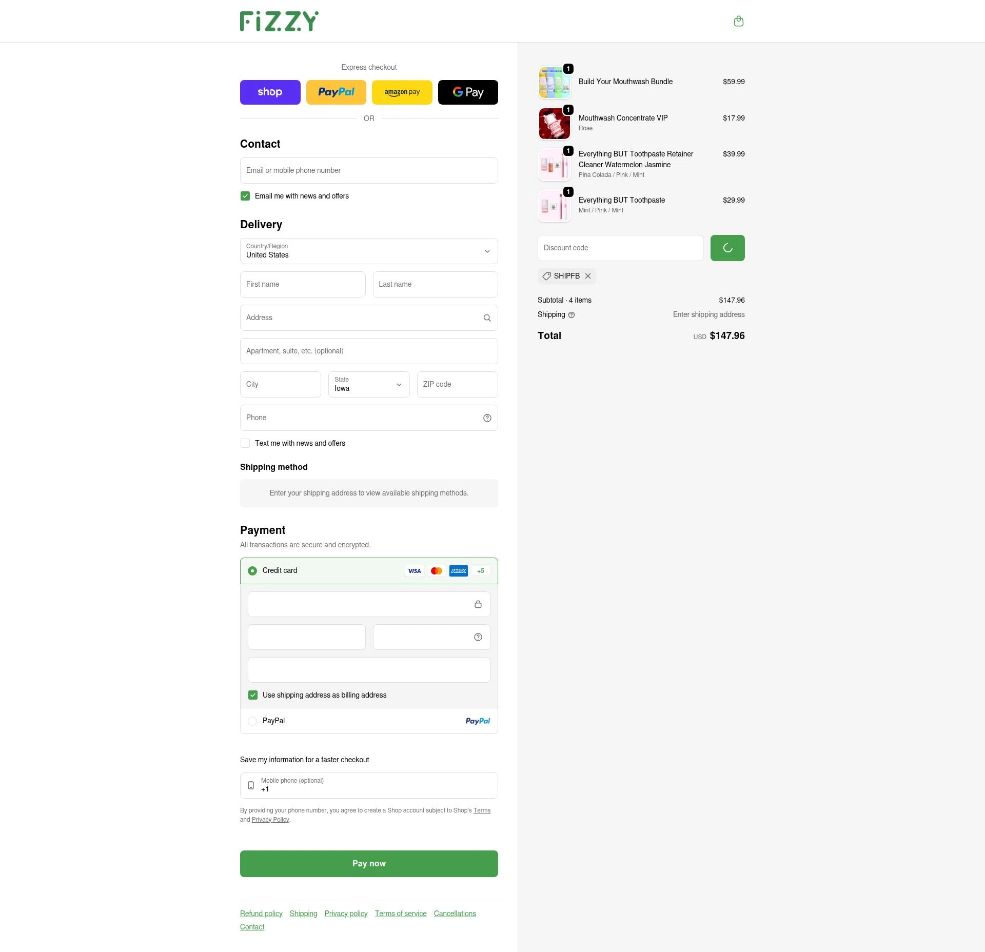 Fizzy Oral Care checkout page showing Fizzy Oral Care promo code box | Screenshot taken by SimplyCodes community member on Feb 1, 2026
