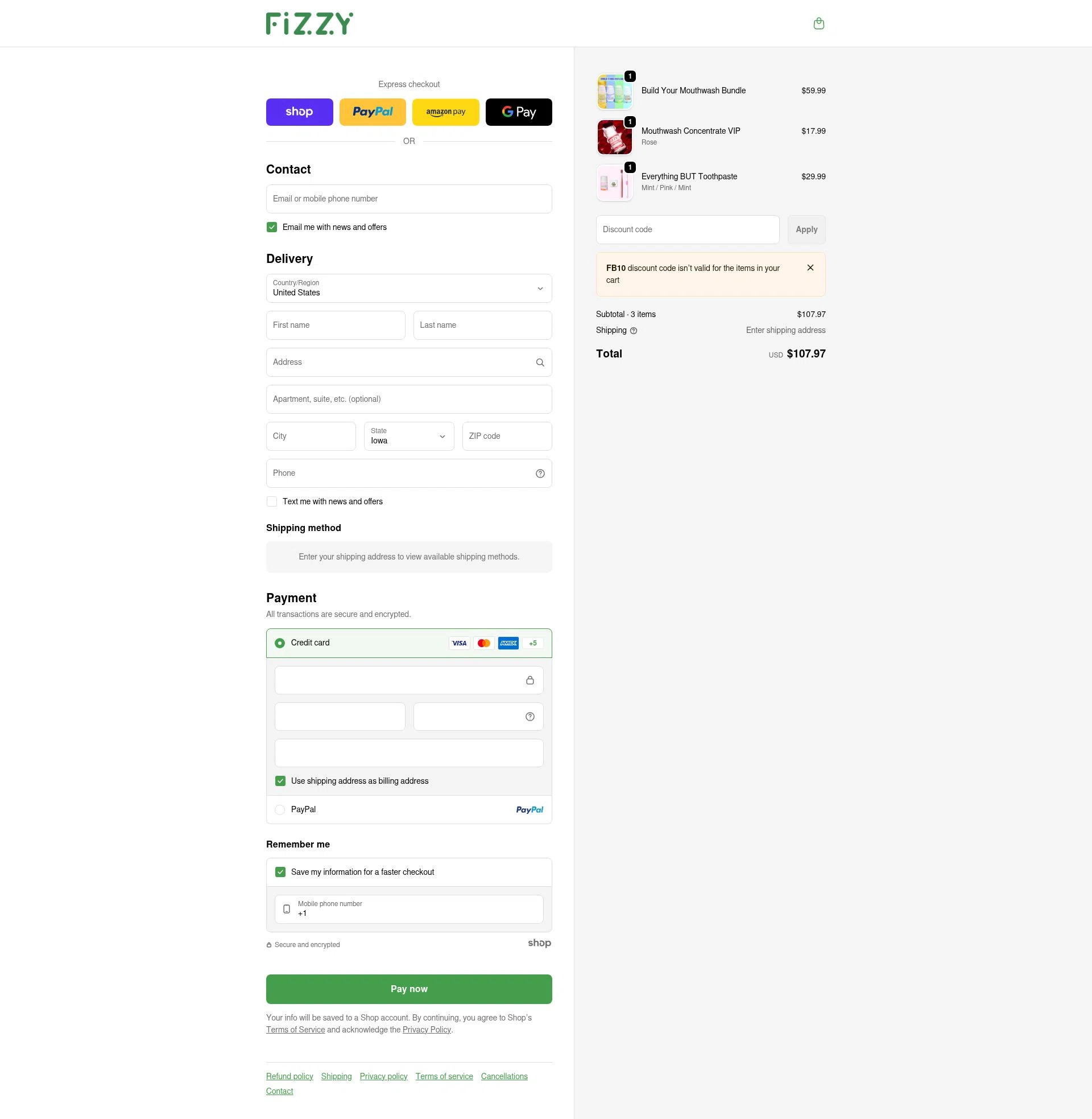 Fizzy Oral Care checkout page showing Fizzy Oral Care promo code box | Screenshot taken by SimplyCodes community member on Jan 27, 2026