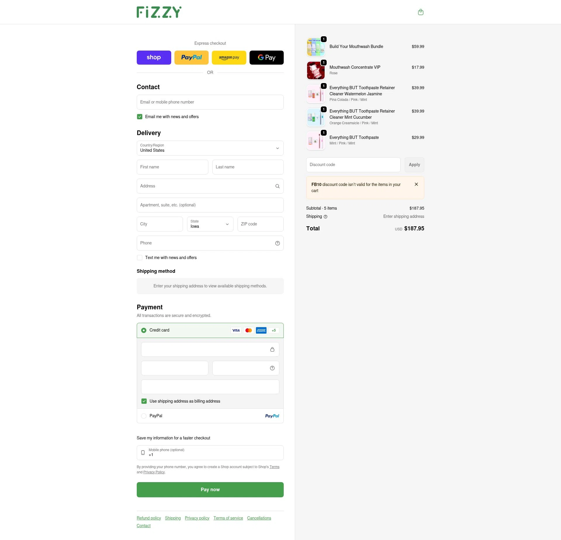 Fizzy Oral Care checkout page showing Fizzy Oral Care promo code box | Screenshot taken by SimplyCodes community member on Jan 18, 2026