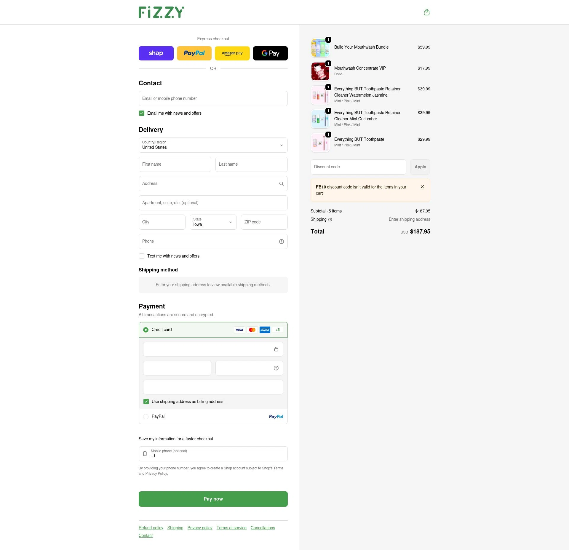 Fizzy Oral Care checkout page showing Fizzy Oral Care promo code box | Screenshot taken by SimplyCodes community member on Feb 5, 2026