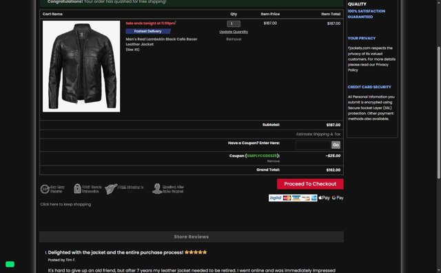 FJackets checkout page showing FJackets coupon code box | Screenshot taken by SimplyCodes community member on Aug 7, 2025