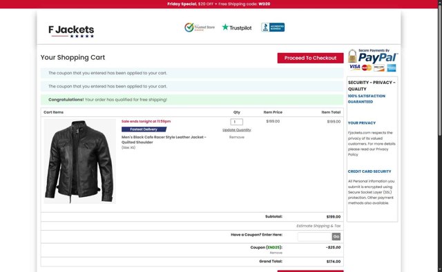 FJackets checkout page showing FJackets coupon code box | Screenshot taken by SimplyCodes community member on Sep 5, 2025