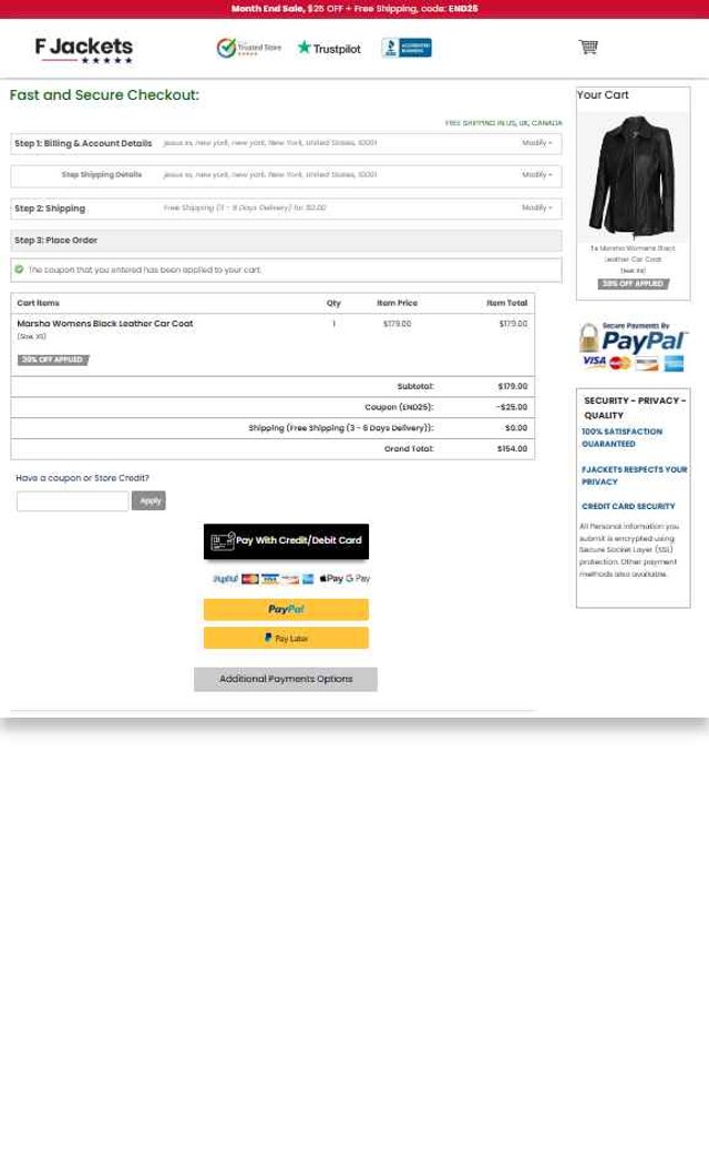 FJackets checkout page showing FJackets coupon code box | Screenshot taken by SimplyCodes community member on Aug 30, 2025