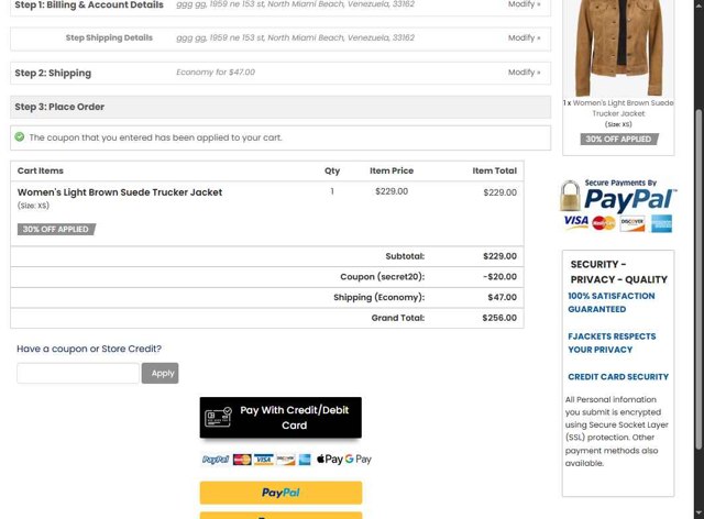 FJackets checkout page showing FJackets coupon code box | Screenshot taken by SimplyCodes community member on Sep 3, 2025
