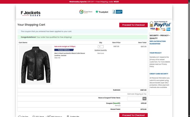 FJackets checkout page showing FJackets coupon code box | Screenshot taken by SimplyCodes community member on Aug 27, 2025