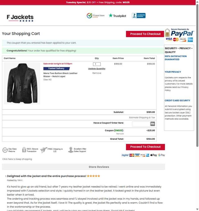 FJackets checkout page showing FJackets coupon code box | Screenshot taken by SimplyCodes community member on Aug 12, 2025