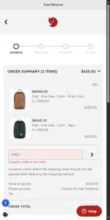 Fjallraven coupon verification screenshot