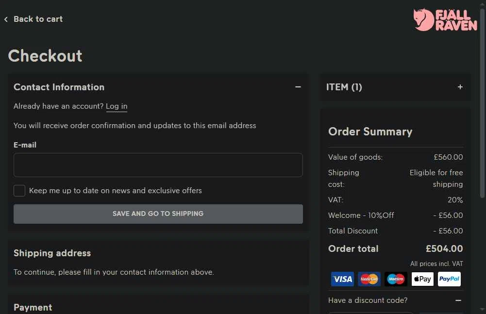Fjallraven checkout page showing Fjallraven discount code box | Screenshot taken by SimplyCodes community member on Dec 21, 2025