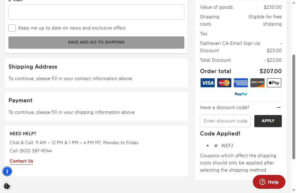Fjallraven checkout page showing Fjallraven discount code box | Screenshot taken by SimplyCodes community member on Feb 1, 2026