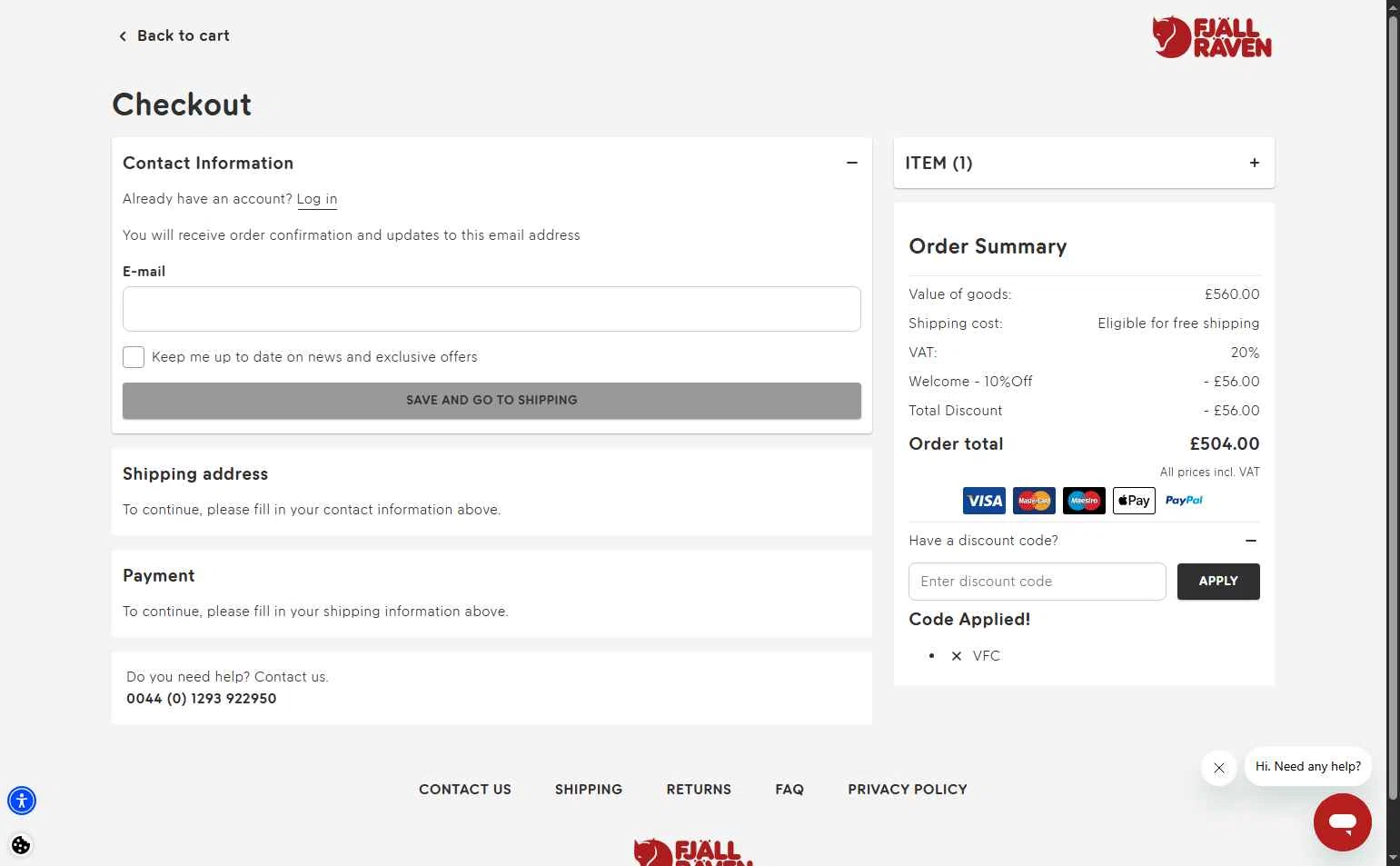 Fjallraven checkout page showing Fjallraven discount code box | Screenshot taken by SimplyCodes community member on Dec 29, 2025