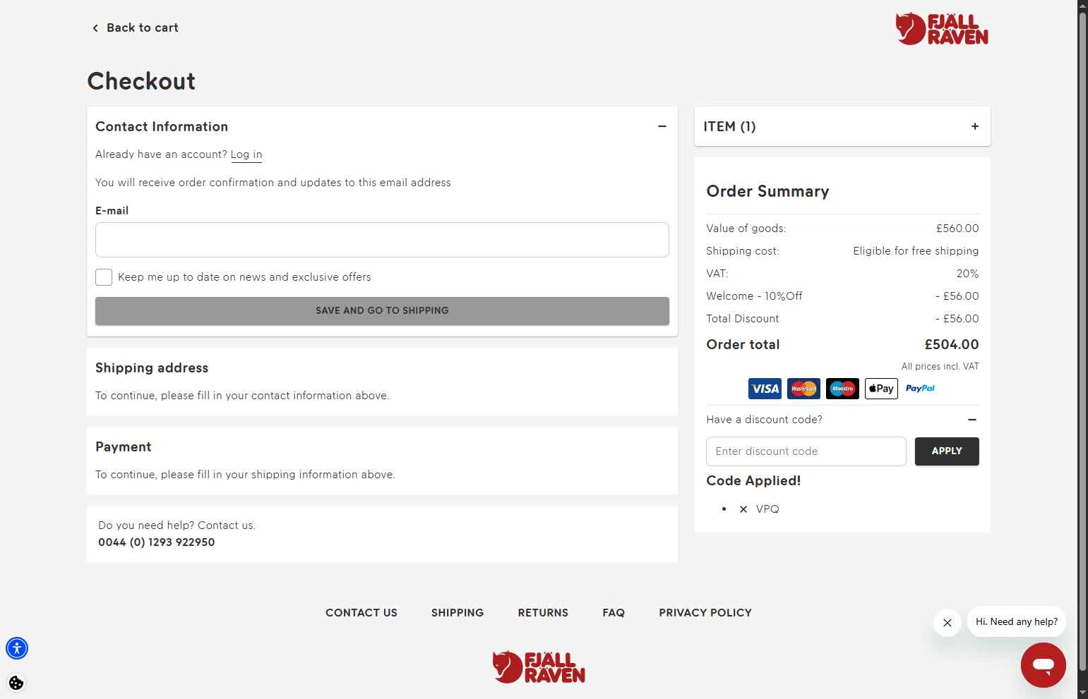 Fjallraven checkout page showing Fjallraven discount code box | Screenshot taken by SimplyCodes community member on Dec 18, 2025