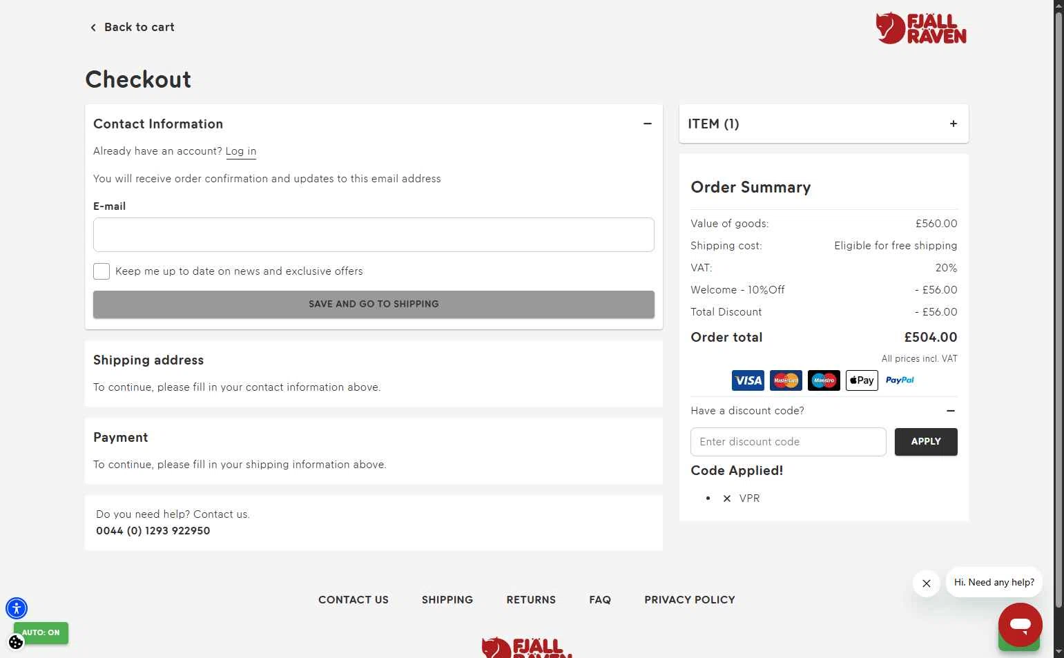 Fjallraven checkout page showing Fjallraven discount code box | Screenshot taken by SimplyCodes community member on Dec 19, 2025