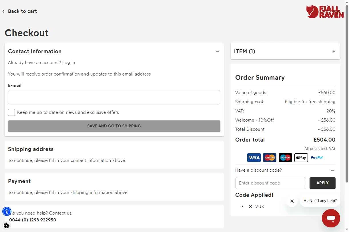 Fjallraven checkout page showing Fjallraven discount code box | Screenshot taken by SimplyCodes community member on Dec 13, 2025