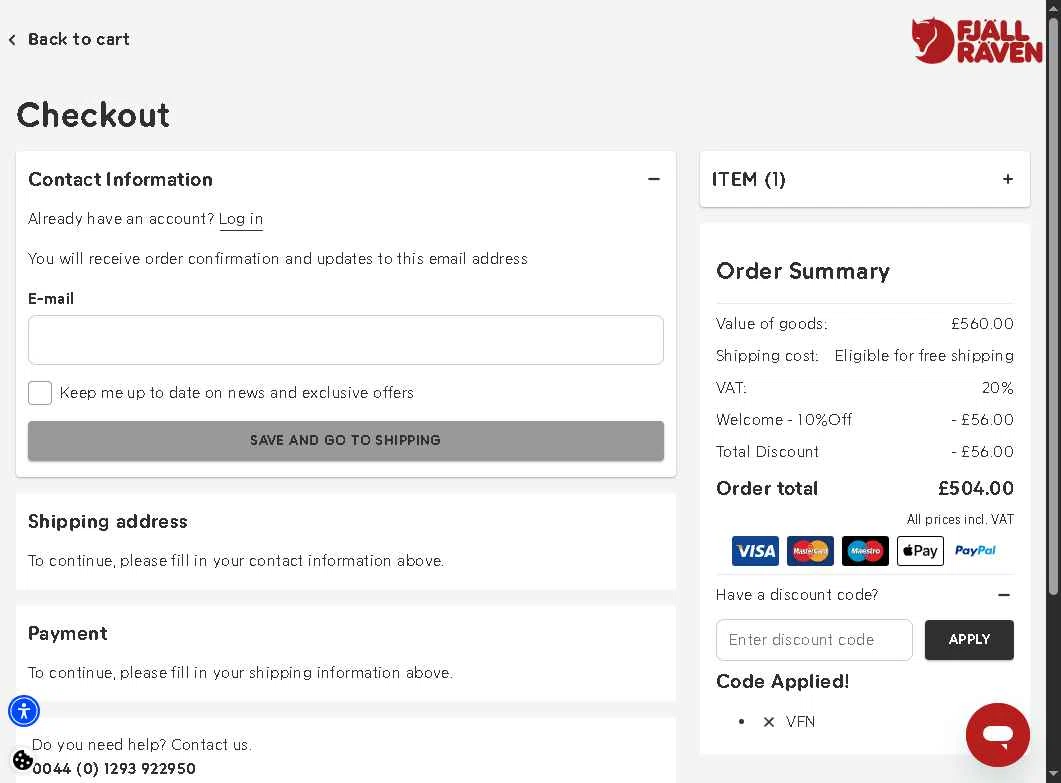 Fjallraven checkout page showing Fjallraven discount code box | Screenshot taken by SimplyCodes community member on Dec 29, 2025