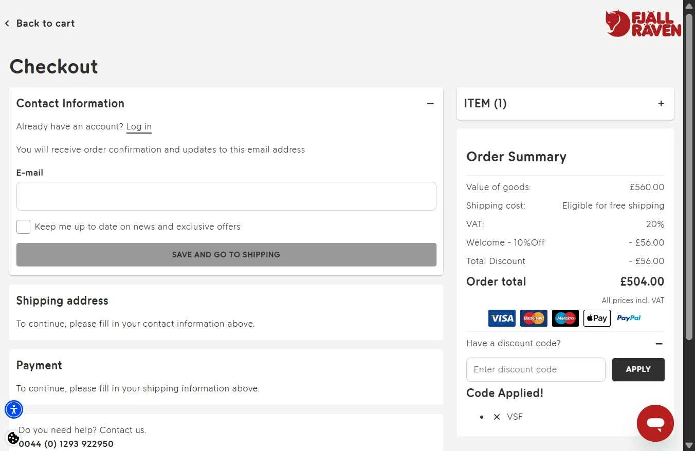 Fjallraven checkout page showing Fjallraven discount code box | Screenshot taken by SimplyCodes community member on Dec 26, 2025
