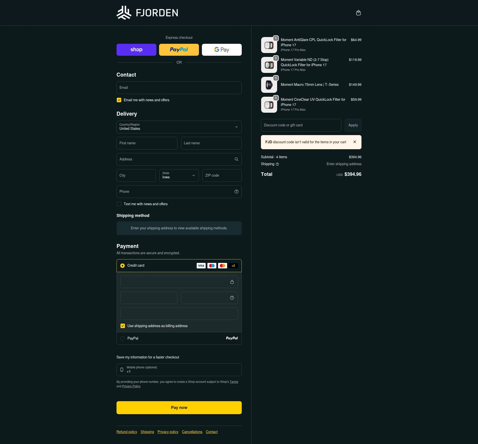 Fjorden checkout page showing Fjorden discount code box | Screenshot taken by SimplyCodes community member on Feb 7, 2026