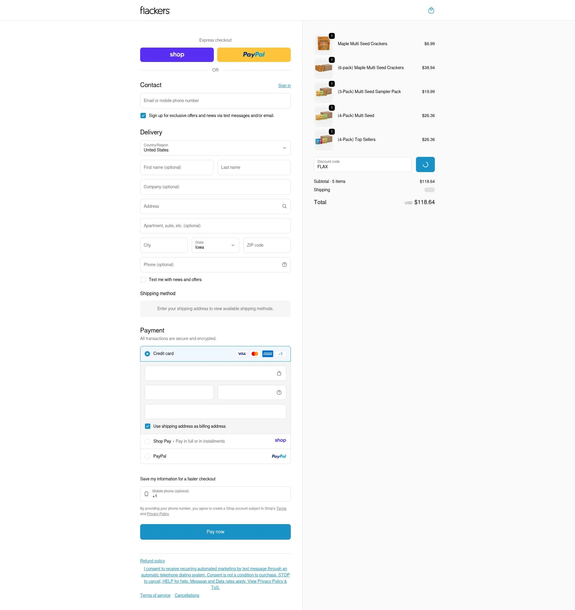 Flackers checkout page showing Flackers promo code box | Screenshot taken by SimplyCodes community member on Jan 9, 2026