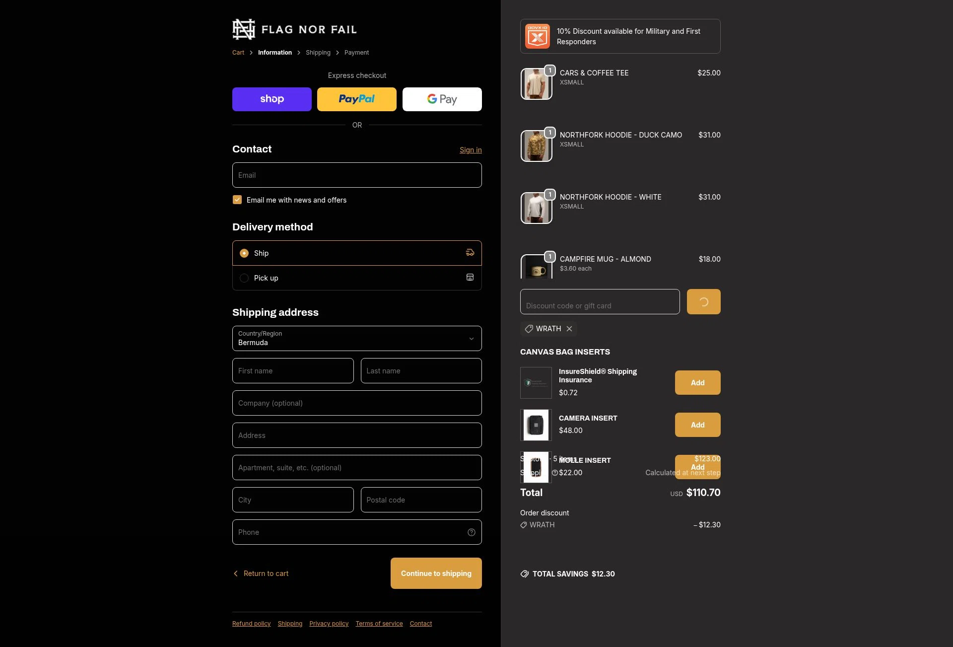 Flag Nor Fail checkout page showing Flag Nor Fail discount code box | Screenshot taken by SimplyCodes community member on Feb 16, 2026