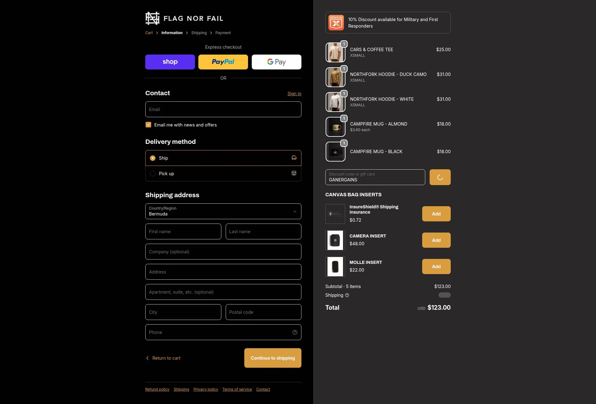 Flag Nor Fail checkout page showing Flag Nor Fail discount code box | Screenshot taken by SimplyCodes community member on Feb 16, 2026