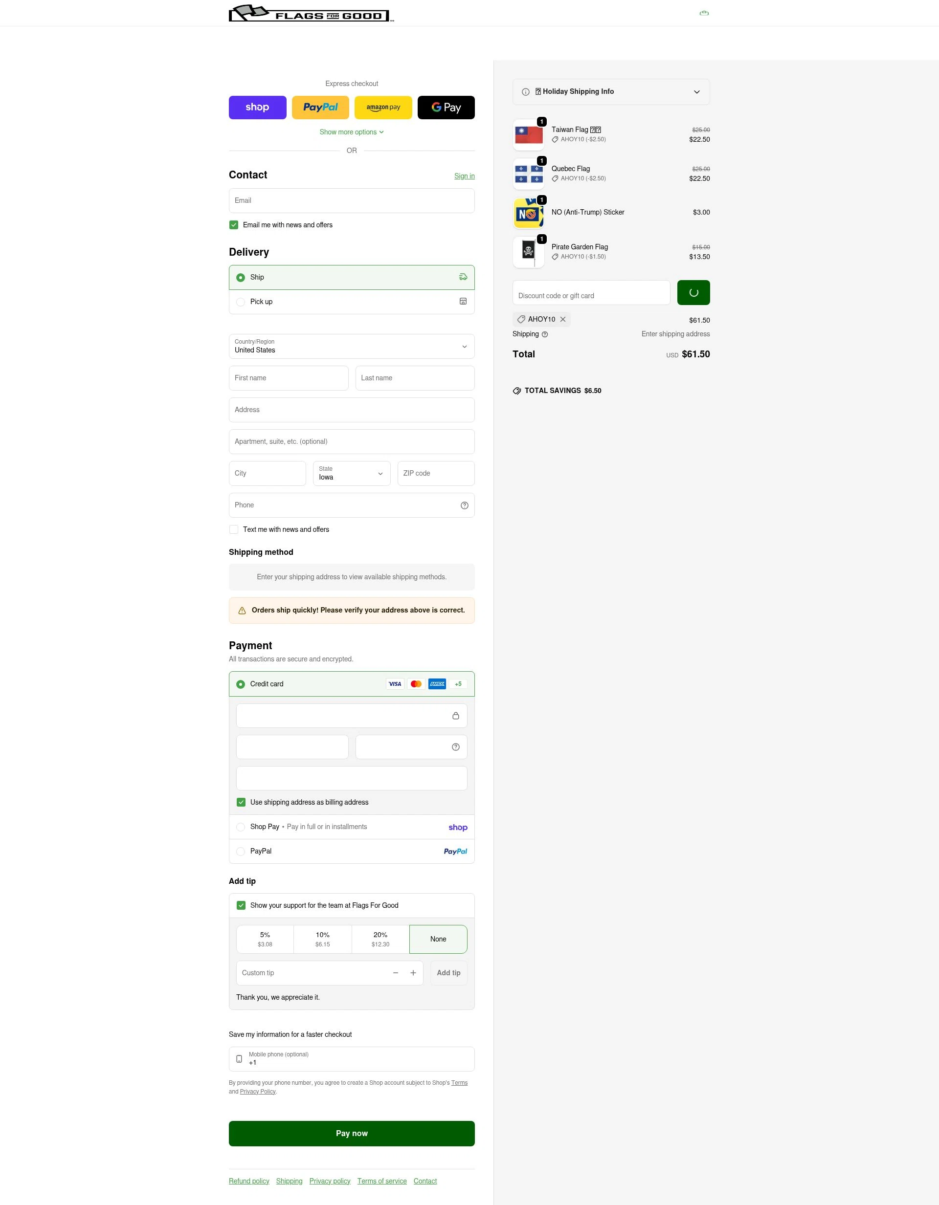 Flags For Good checkout page showing Flags For Good discount code box | Screenshot taken by SimplyCodes community member on Feb 7, 2026