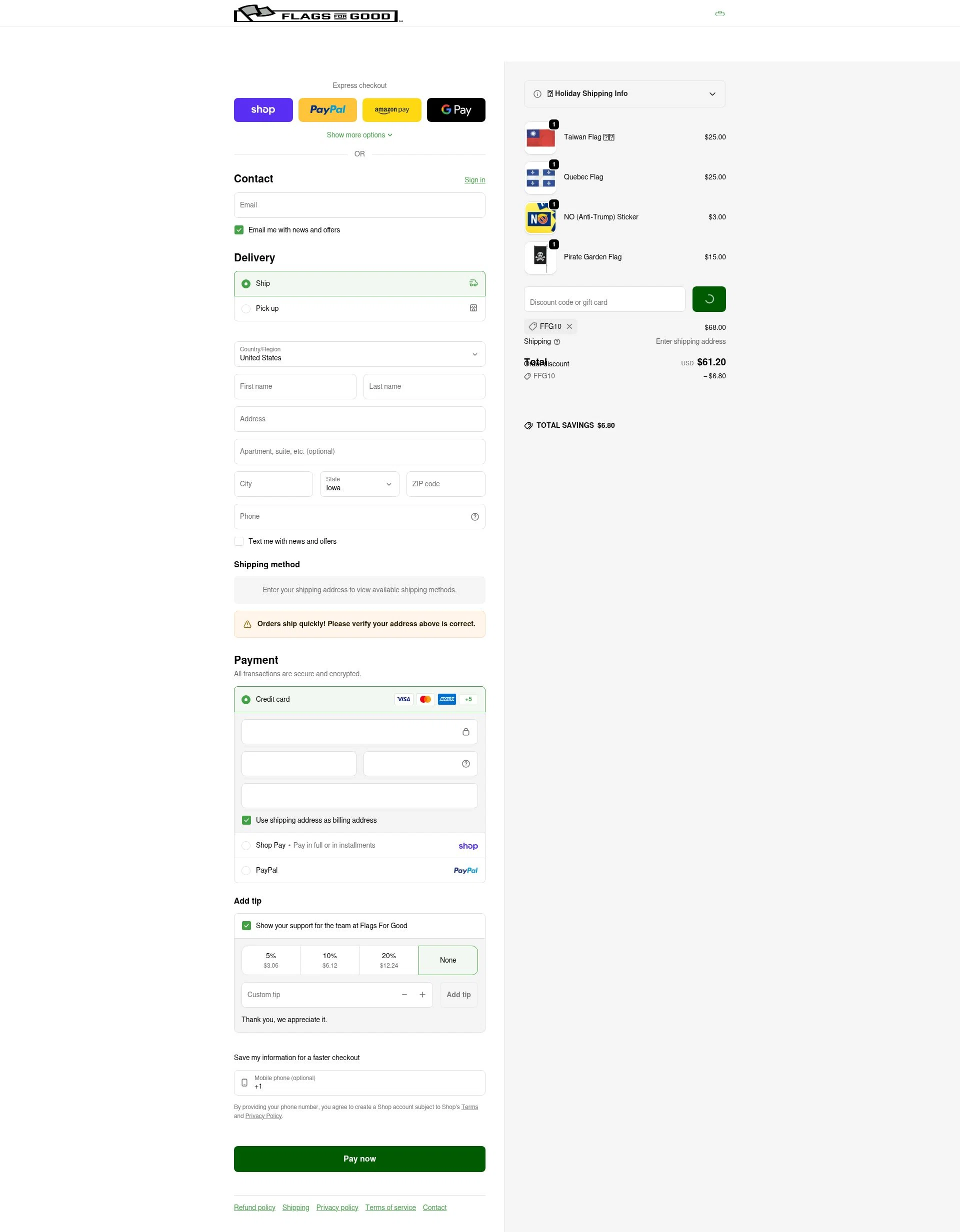 Flags For Good checkout page showing Flags For Good discount code box | Screenshot taken by SimplyCodes community member on Feb 7, 2026