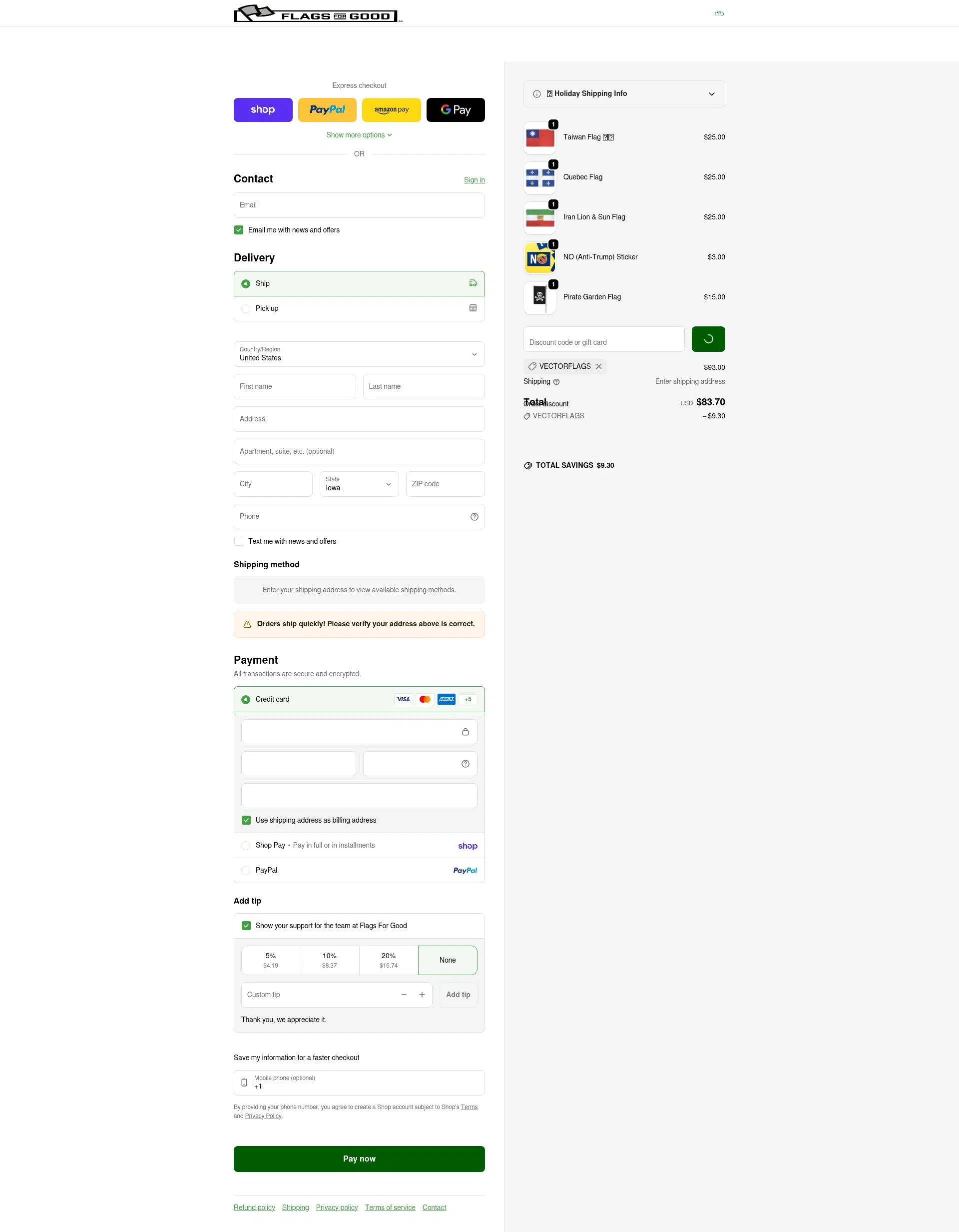 Flags For Good checkout page showing Flags For Good discount code box | Screenshot taken by SimplyCodes community member on Feb 3, 2026