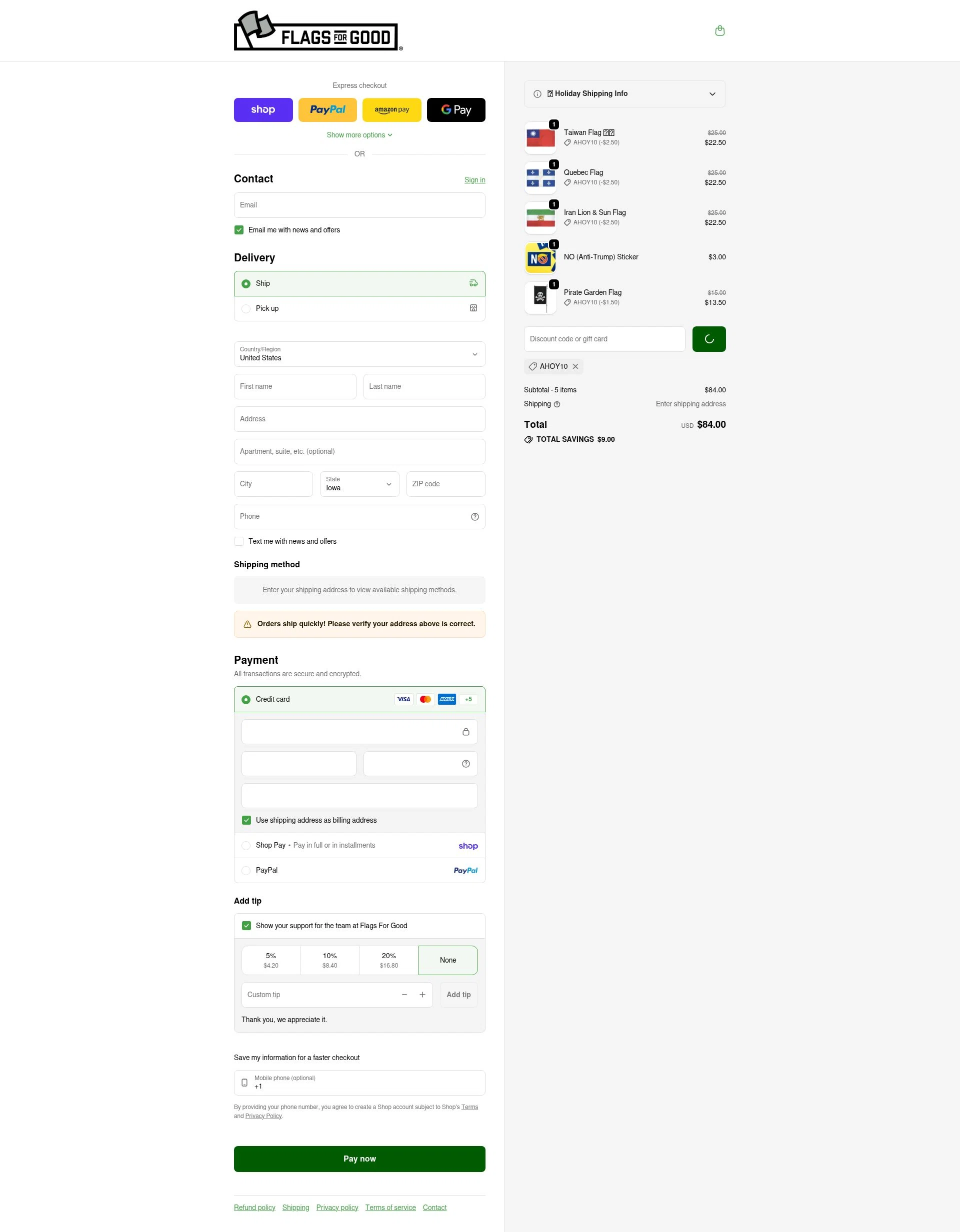 Flags For Good checkout page showing Flags For Good discount code box | Screenshot taken by SimplyCodes community member on Feb 3, 2026