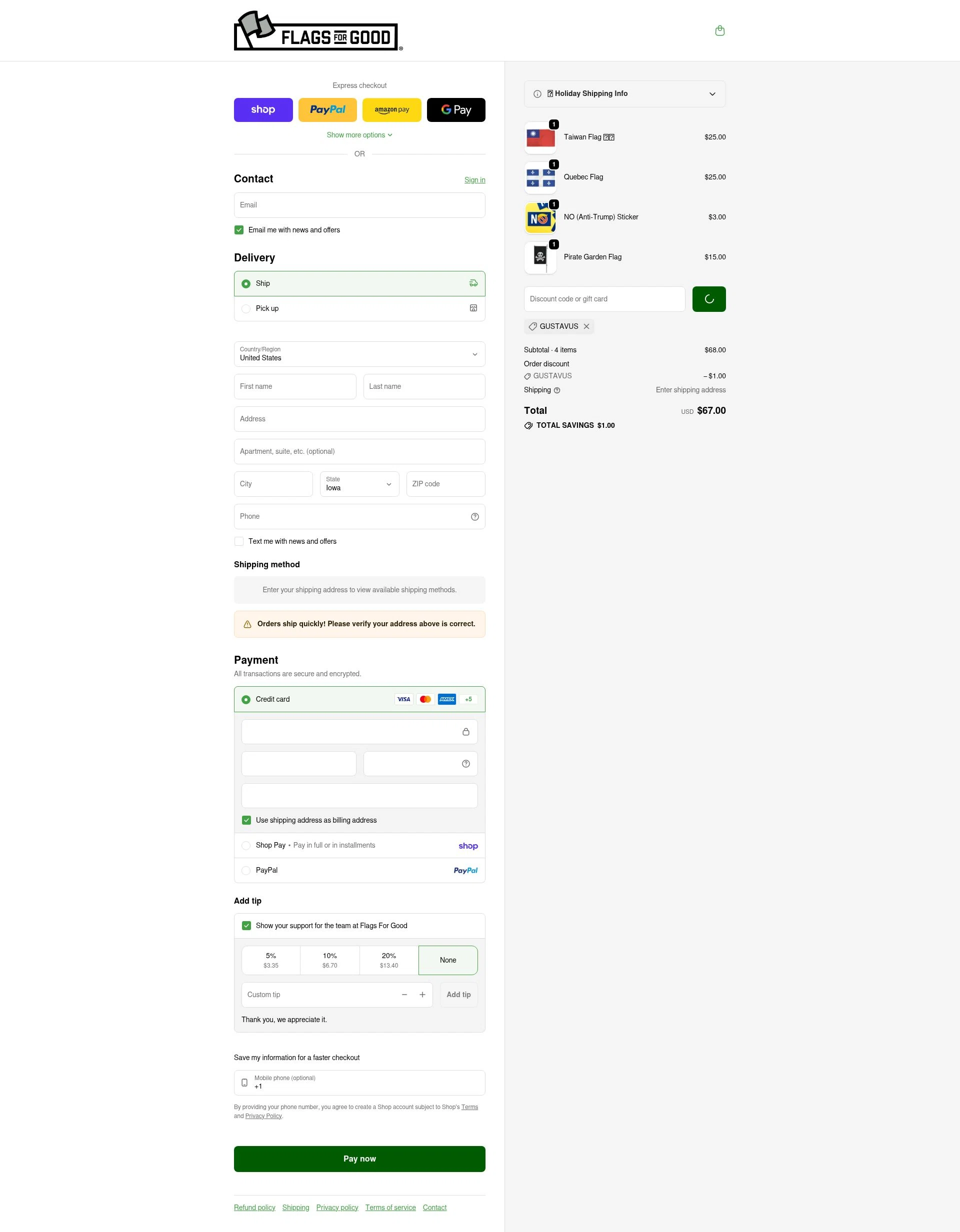 Flags For Good checkout page showing Flags For Good discount code box | Screenshot taken by SimplyCodes community member on Feb 7, 2026
