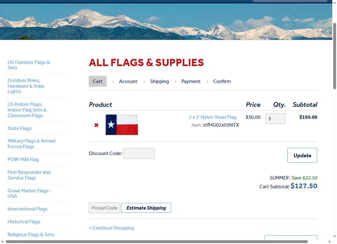 Flag Store USA checkout page showing Flag Store USA discount code box | Screenshot taken by SimplyCodes community member on Jul 4, 2025