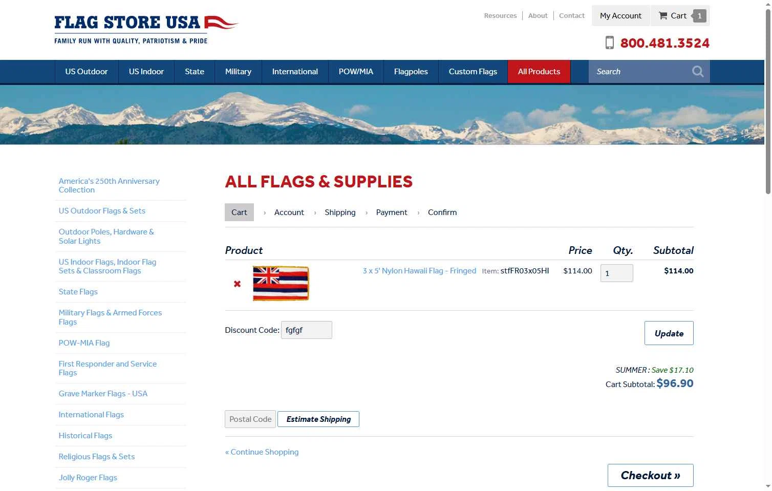 Flag Store USA checkout page showing Flag Store USA discount code box | Screenshot taken by SimplyCodes community member on Aug 2, 2025