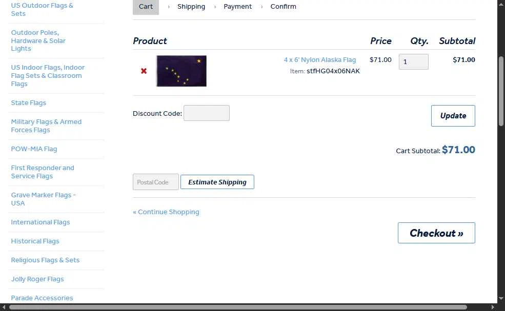 Flag Store USA checkout page showing Flag Store USA discount code box | Screenshot taken by SimplyCodes community member on Sep 17, 2025