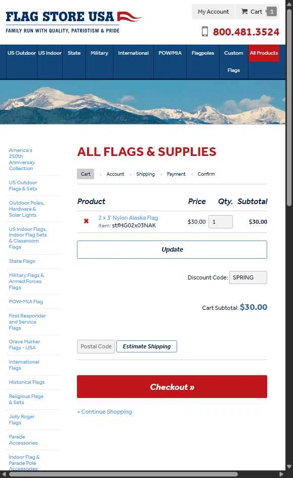 Flag Store USA checkout page showing Flag Store USA discount code box | Screenshot taken by SimplyCodes community member on Jul 18, 2025