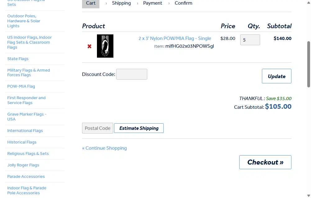 Flag Store USA checkout page showing Flag Store USA discount code box | Screenshot taken by SimplyCodes community member on Nov 18, 2025