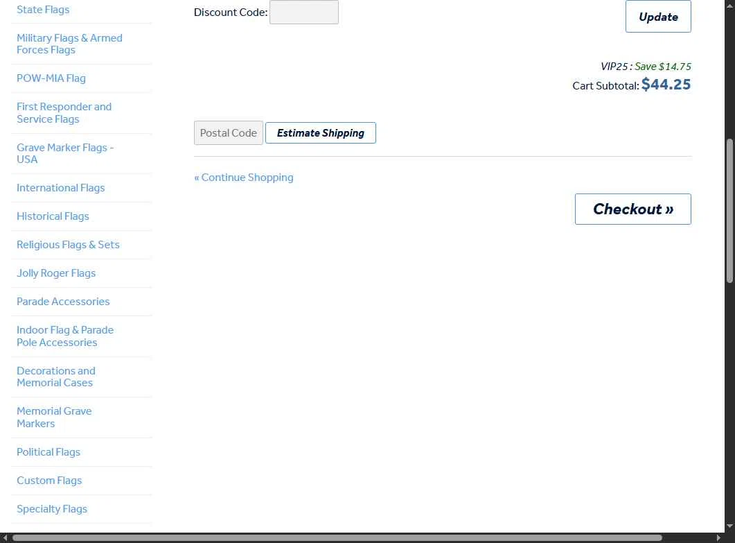 Flag Store USA checkout page showing Flag Store USA discount code box | Screenshot taken by SimplyCodes community member on Nov 1, 2025