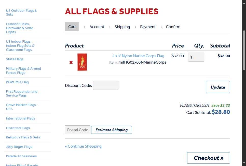 Flag Store USA checkout page showing Flag Store USA discount code box | Screenshot taken by SimplyCodes community member on Jun 22, 2025