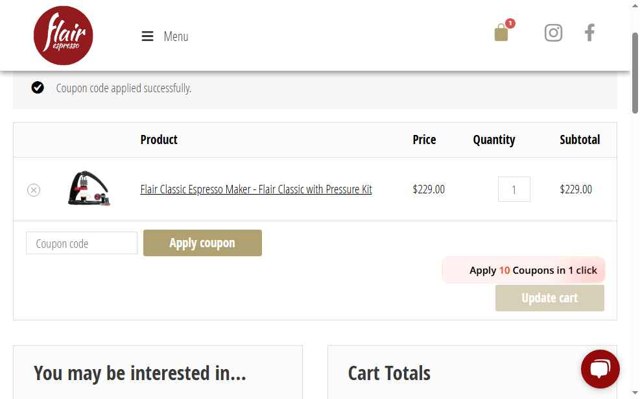 Flair Espresso Maker checkout page showing Flair Espresso Maker promo code box | Screenshot taken by SimplyCodes community member on Aug 7, 2025
