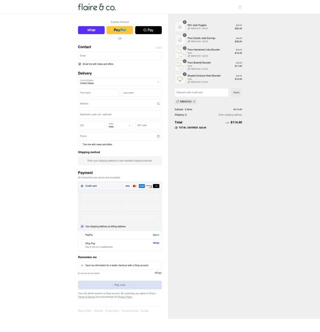 Flaire & Co checkout page showing Flaire & Co promo code box | Screenshot taken by SimplyCodes community member on Sep 8, 2025